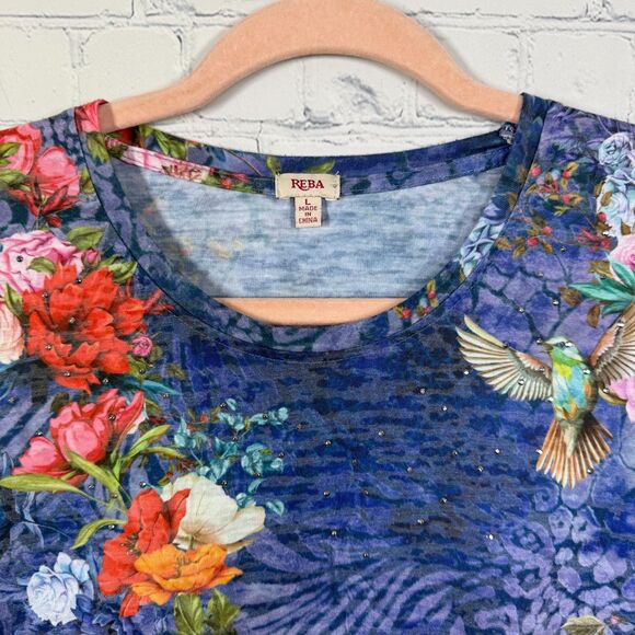 Reba Blouse Women Large Floral Bird Tropical Prairie Stretch All Over Printed - Picture 2 of 14